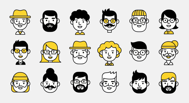 Diverse illustrated faces set