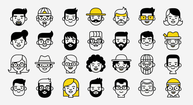 Diverse illustrated faces set