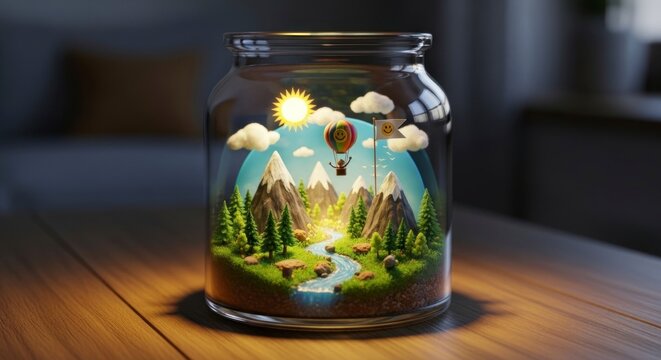 Paisagem em miniatura dentro de um frasco de vidro com montanhas e bal&atilde;o de ar quente.