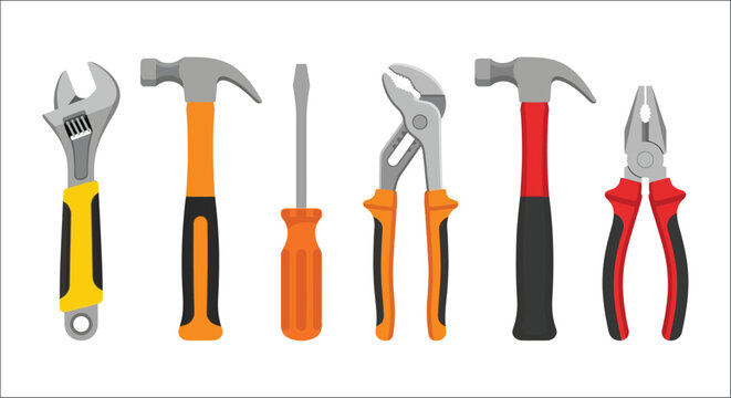 Hand Tools Collection Vector Illustration On White Background adjustable wrench claw hammer