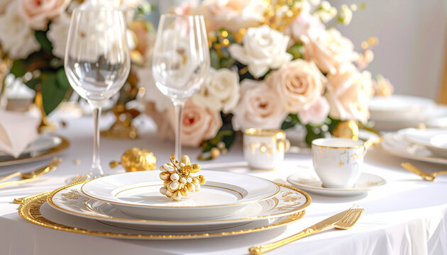 Mesa posta com eleg&acirc;ncia e arranjo floral.