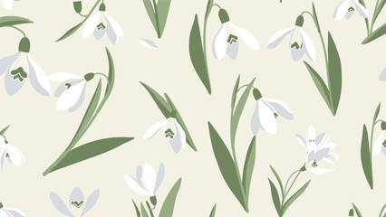 Obraz premium Seamless pattern featuring delicate white snowdrop flowers with green leaves on a light cream-colored background for spring.