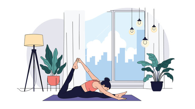 Woman does a yoga split stretch or monkey pose in a bright modern room with large windows, several houseplants, and city buildings outside.