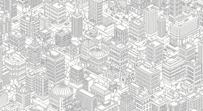 Isometric city buildings abstract pattern background.