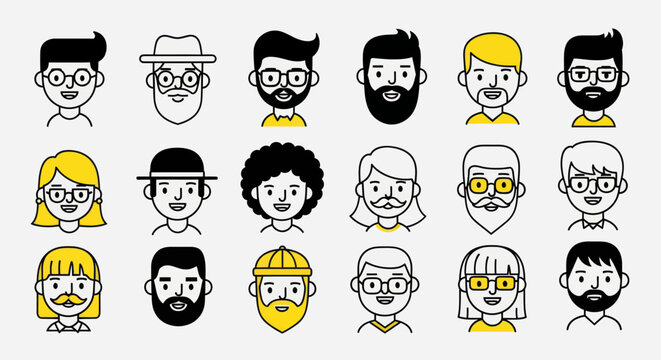 Diverse illustrated faces set