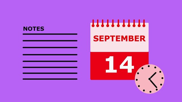 September 14 calendar page notes template red and white on purple background date.