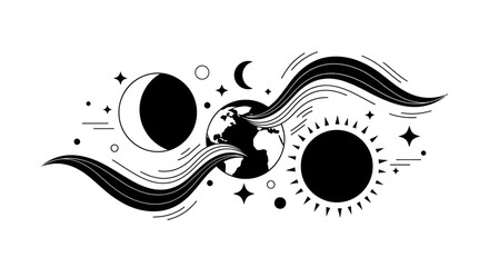 Celestial Bodies: Sun, Moon Phases, Earth, Stars, and Cosmic Waves © Zapheline