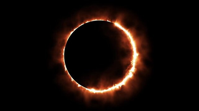Fiery Solar Eclipse Ring Frame Animation with Glowing Corona and Volcanic Smoke on Black Background 
