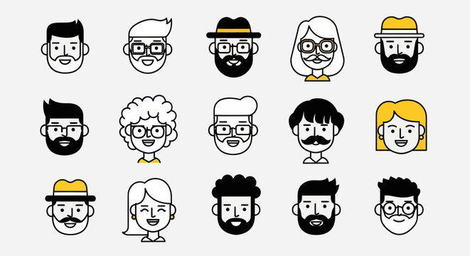Diverse illustrated faces set