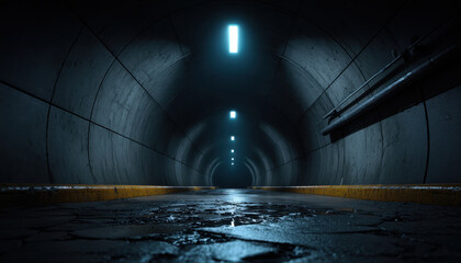 Obraz premium Underground tunnel sewer tunnel concrete tunnel dark corridor wet floor blue light perspective view urban infrastructure