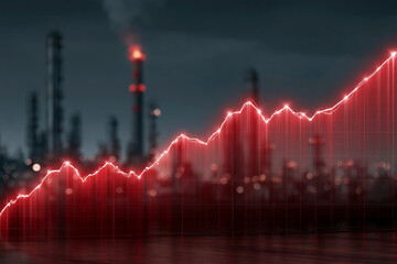 Naklejka premium Red graph ascends sharply against industrial skyline. Smokestacks glow faintly in twilight background. Chart lines pulse with energy, hinting at growth or volatility