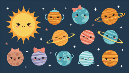 Cute solar system planets and sun with smiling faces and decorative bows floating in a starry dark blue space. © MS