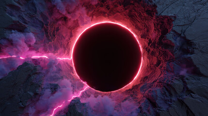 Fototapeta premium Void dark hole neon glow pink light cosmic portal abstract vortex black circle electric arc smoky cloud rocky surface mysterious scene