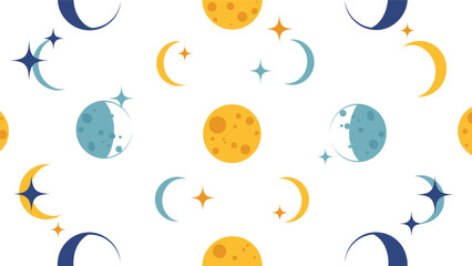 Dreamy seamless pattern featuring various phases of the moon and colorful twinkling stars on a white background. © MS