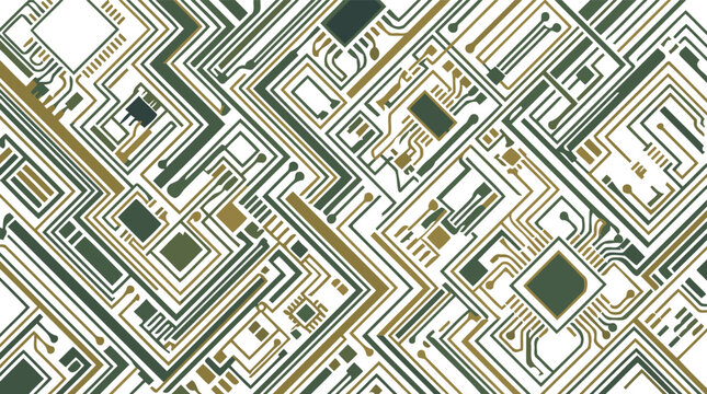 Complex Microelectronics PCB Layout Vector with Gold Interconnected Pathways and Integrated Circuits for Compute Hardware Design Semiconductor Industry and Advanced Digital Infrastructure