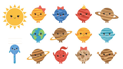 Large collection of cute solar system planets and sun designed as friendly characters with smiling faces and bows. © MS