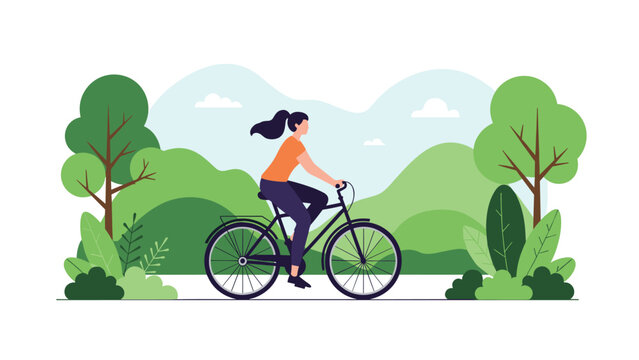 Active woman in an orange shirt riding her bicycle through a lush green park filled with many trees and stylized hills.