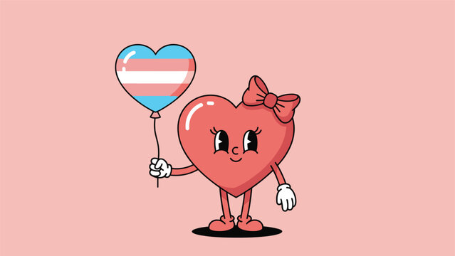 Cute pink heart character with a bow and long eyelashes holding a heart-shaped balloon with transgender pride flag colors.