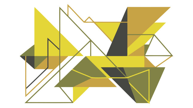 Vector deconstructivist geometric abstraction featuring intersecting triangles and linear structural elements in yellow and olive for technical illustrations and futuristic architectural blueprints