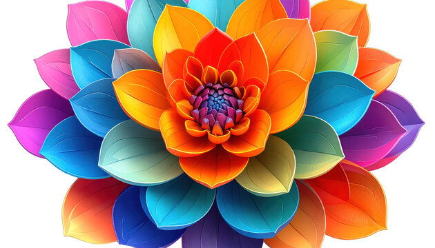 Vibrant and colorful abstract floral design, a burst of rainbow petals creating a beautiful mandala-like pattern on a white background