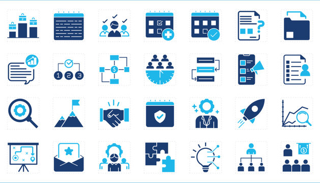 A set of icons related to Action Plan. Action, plan, calendar, tick, completed, chat, startup, leadership, brain, time, process, and so on.