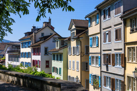 Historic colorful buildings lining Lindenhof hill in Zurich