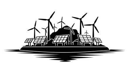 Eco-friendly energy landscape with wind turbines and solar panels © satrio94