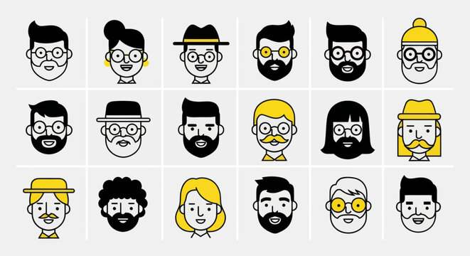 Diverse illustrated faces with various styles