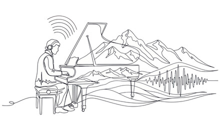 Musician playing piano with mountains and sound waves illustration © Muhammad