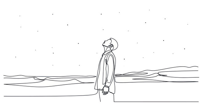 Man looking up at starry night sky over ocean, minimalist line art