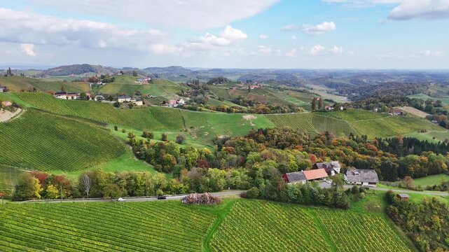 Aerial view of rolling vineyards and colorful autumn forests in the Sudsteiermark wine region near Gamlitz, Styria, Austria.