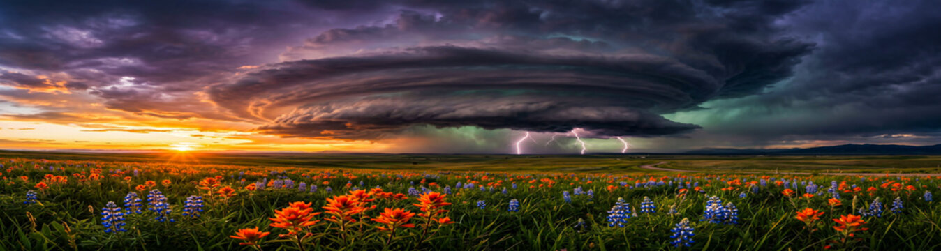 Massive Rotating Supercell Thunderstorm Over Wildflower Field at Sunset, Dramatic Tornado Warning Weather Panoramic Landscape