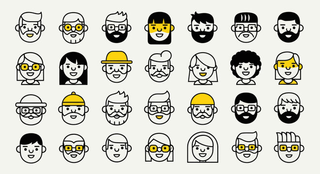 Diverse illustrated faces set