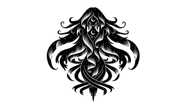 Mystical Cosmic Being with Stars and Moon, Esoteric Symbol, Black and White