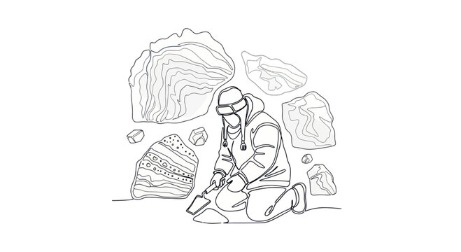 Geologist examining rock strata, excavation, scientific research, field work