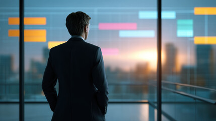 Fototapeta premium Modern glass office interior businessman silhouette back view city view sunset light professional man glass window corporate workspace urban skyline reflective glass