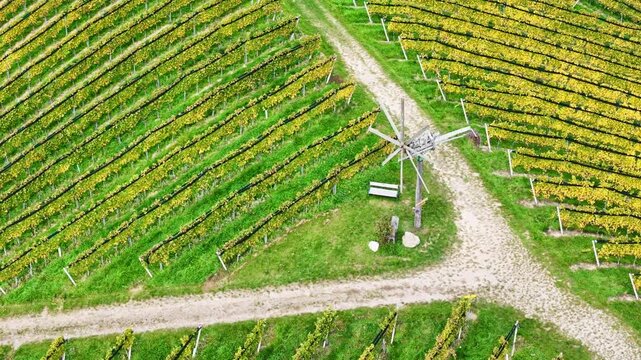 Aerial view of the Sudsteiermark vineyards with a traditional Klapotetz wind-rattle and dirt paths under bright daylight in Gamlitz, Styria, Austria.