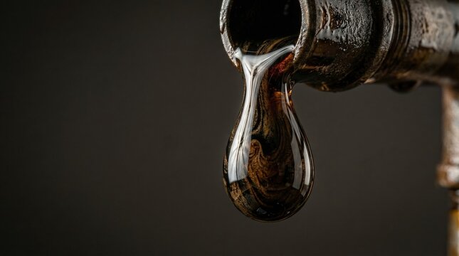 Crude oil dripping from rusty pipe highlights fuel consumption and energy demand impact during global fuel crisis affecting industries and daily