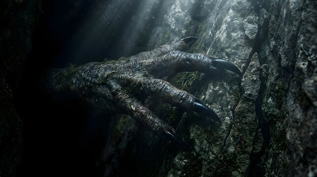 Close-up of a monstrous clawed hand reaching out from a dark, rocky crevice, hinting at a hidden danger or creature
