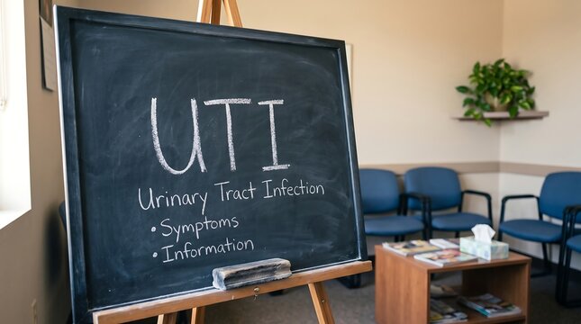 A chalk-written medical presentation board clearly displaying 'UTI' with 'Urinary Tract Infection' and listing 'Symptoms' and 'Information' in a waiting room setting with chairs and tissue boxes