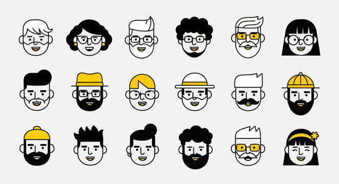 Diverse illustrated faces set