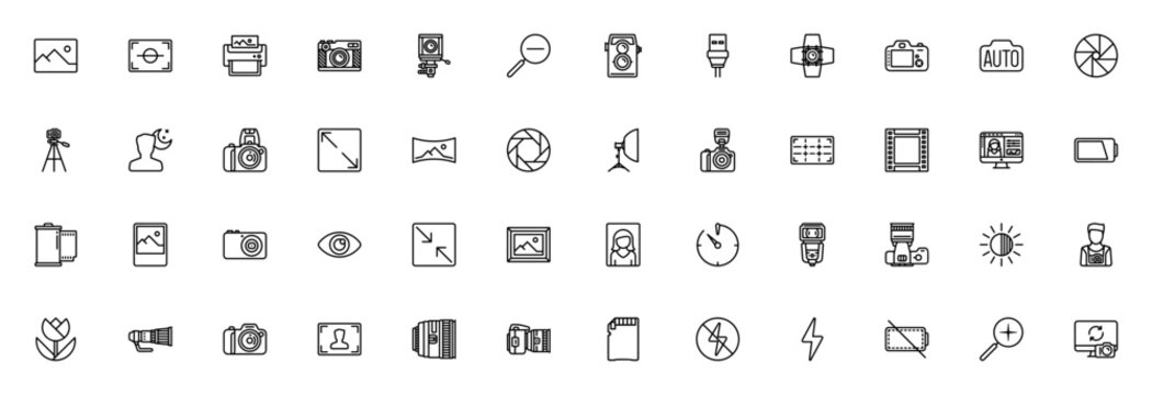 Photography Skills icon set. Vector illustration. Minimal line icons pack. Includes symbols for camera, lens, flash, monitor, printer, USB, battery, timer, panorama, landscape, macro, brightness, comp