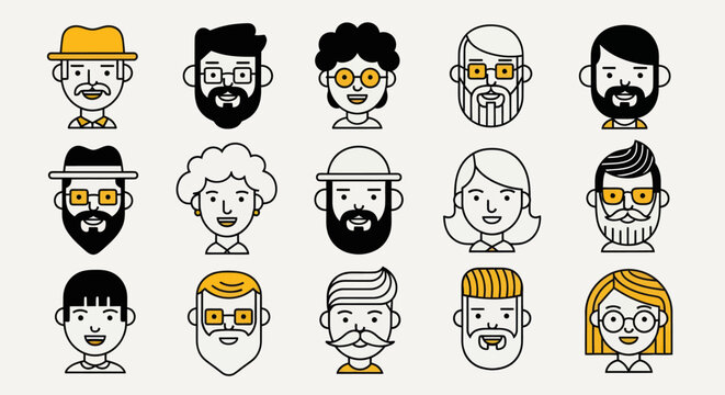 Diverse illustrated faces set
