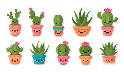 Cute cartoon cactus and succulent character vector sticker set © Ziten