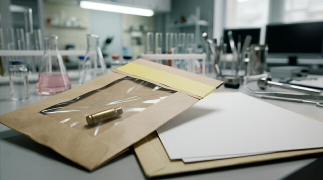 A bullet casing secured inside a plastic evidence bag rests on a lab desk next to a blank paper folder in a professional forensic investigation facility with blurry glassware in background