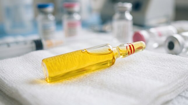 A single glass medical ampoule filled with yellow liquid medicine resting on a sterile white gauze pad with various blurred pharmaceutical vials and a hypodermic syringe in the clinical room