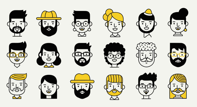 Diverse illustrated faces set