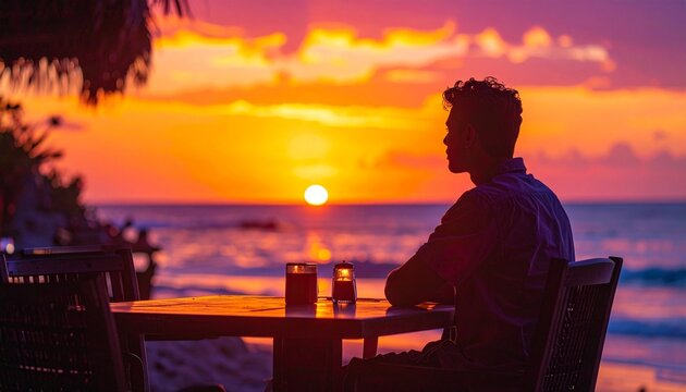 ビーチサイドカフェ テーブル 椅子 劇的な夕日 海岸