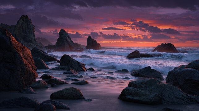 Rocky beach sunset jagged rock ocean wave purple sky dramatic cloud seascape shoreline coastal rock twilight scenic view