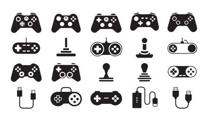 Video game controller icons and joystick hardware for console gaming flat vector silhouettes. © MD.RAHIM